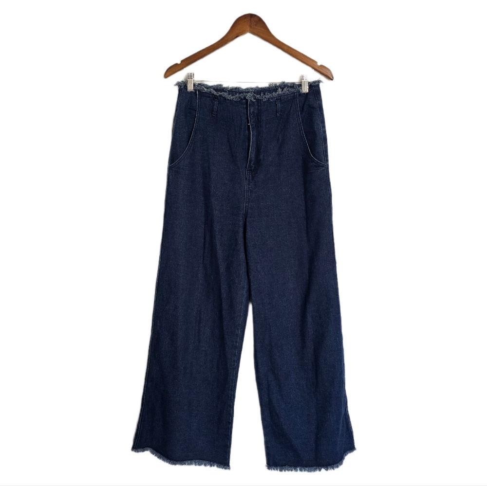 Denim dark blue wide leg high waist raw hem jeans size 28